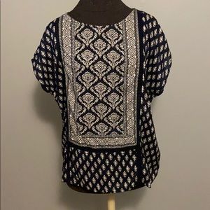 Navy Blue and White Printed Blouse